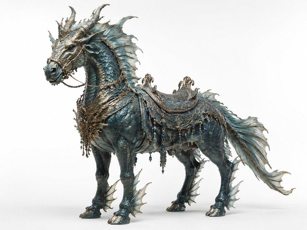 蓝绿色鳞甲龙马，带鳍状肢和华丽金色装饰，东方神话风格写实3D模型