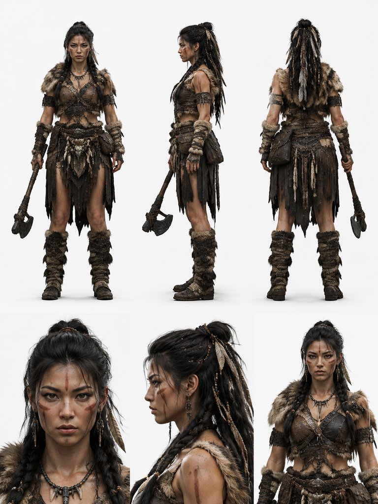 上古女战士身着兽皮劲装，手持石斧，英武写实风格3D角色模型