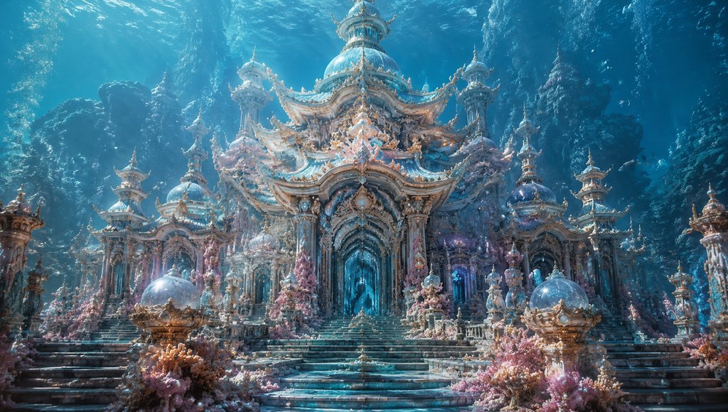 海底龙宫建筑，水晶穹顶与珊瑚装饰，东方神话风格