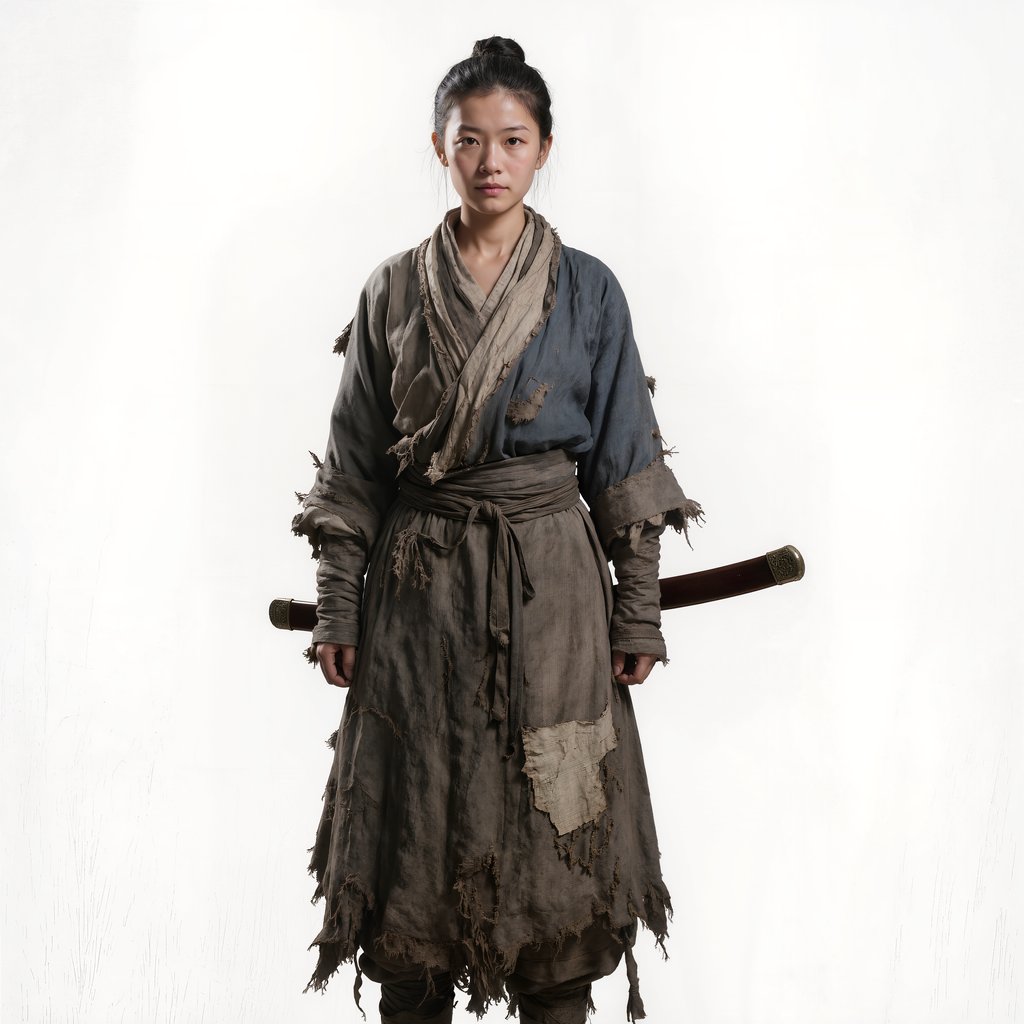 古风女将军身穿残破兵服，手持长剑，英气十足的写实角色