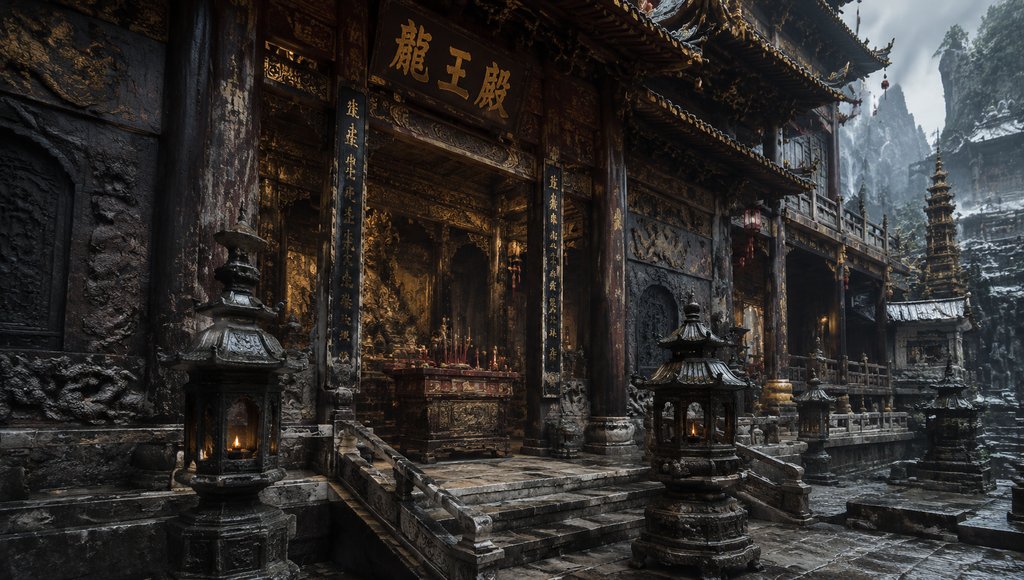 龙王庙殿宇，古朴雕梁画栋，香火缭绕，东方神话写实风格建筑