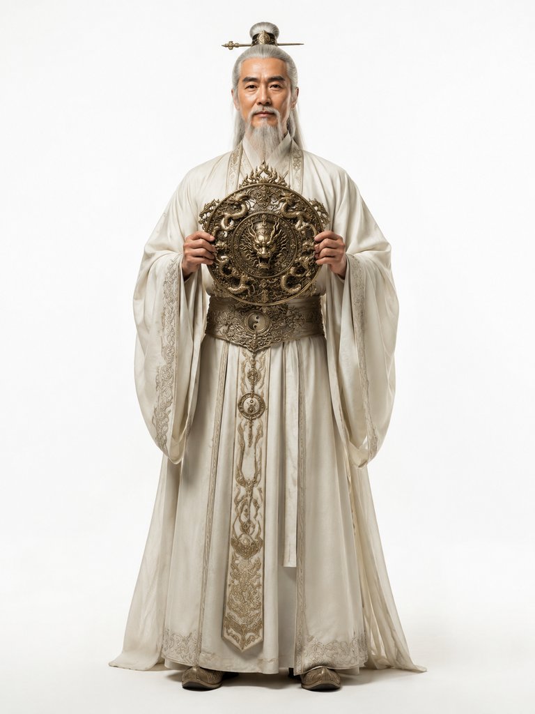 太乙真人身穿道袍，手持九龙神火罩，白发长须，慈祥威严，写实风格神话角色