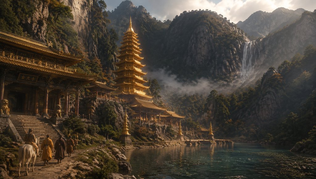 金光寺佛塔殿宇，东方神话写实风格，山水环绕，金色建筑辉映湖光