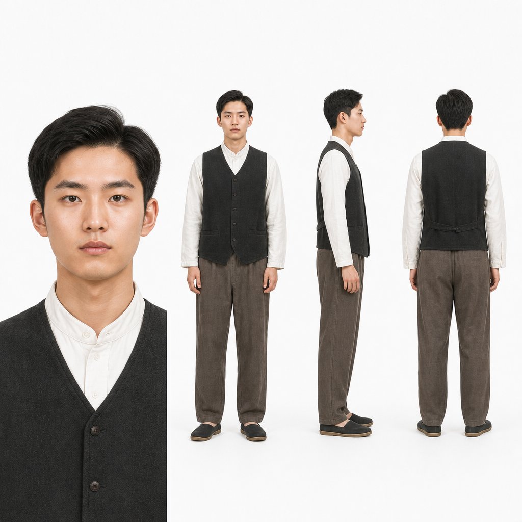 1970年代青年男性，白衬衫配毛背心，鼻梁高直，身形高挑，复古风格
