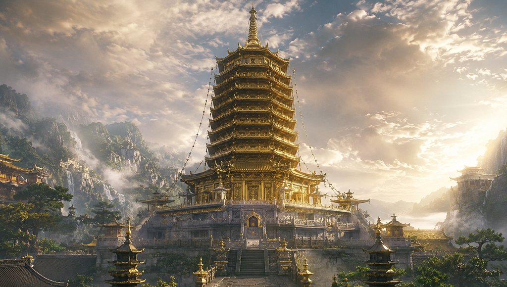 金色灵山宝塔，层叠覆瓦，铃铎垂挂，金光闪耀，东方神话写实风格建筑