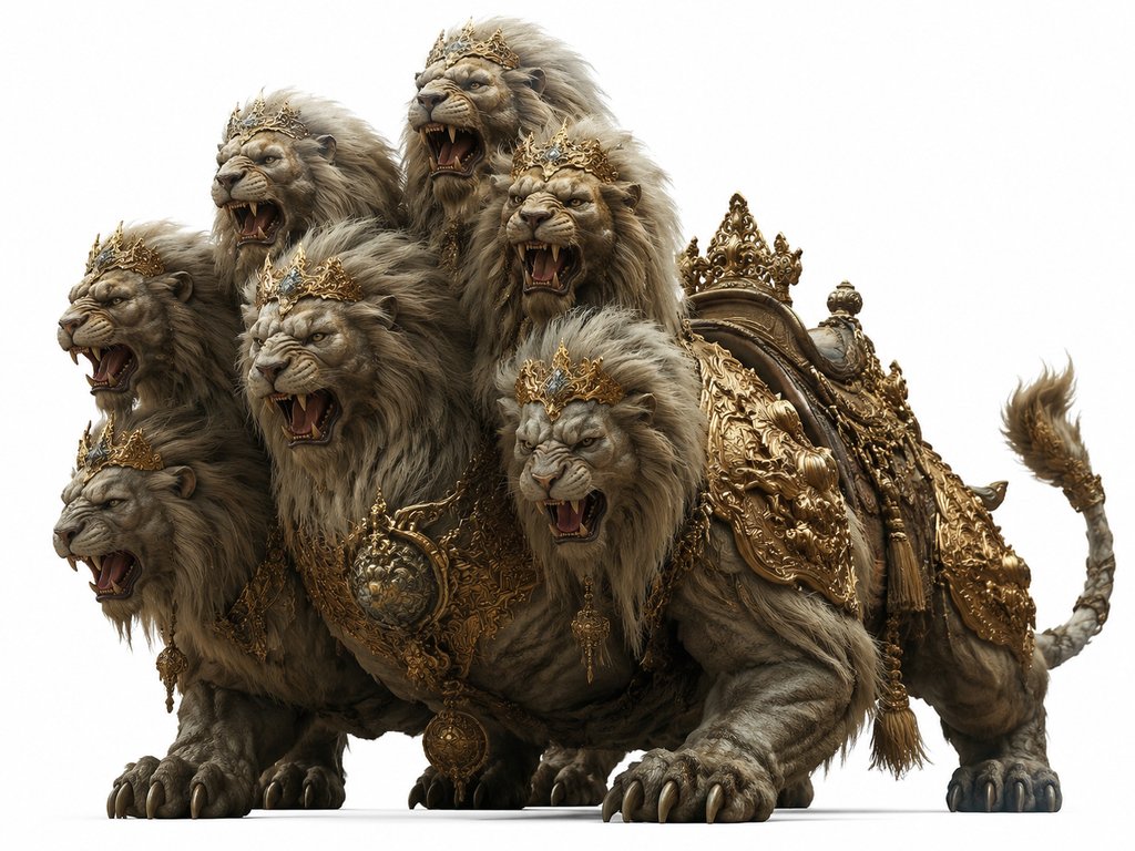 九头巨狮，身披金色华饰，佩戴皇冠，威猛咆哮，东方神话风格3D写实载具