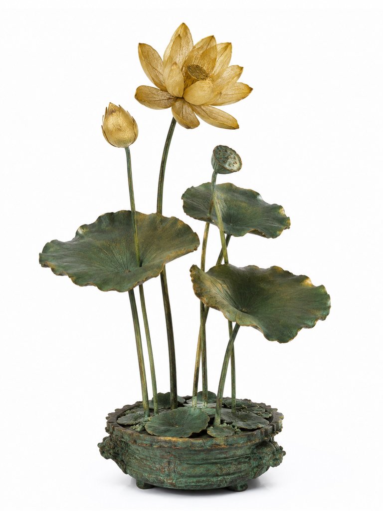 金色莲花与碧绿荷叶的写实3D植物，圣洁典雅，商周神话风格