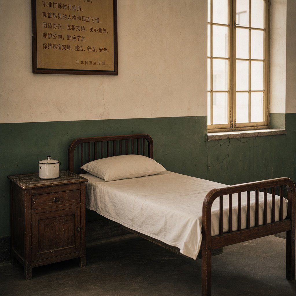 1970年代医院病房，木质病床配白色床单，昏黄灯光，复古医疗场景