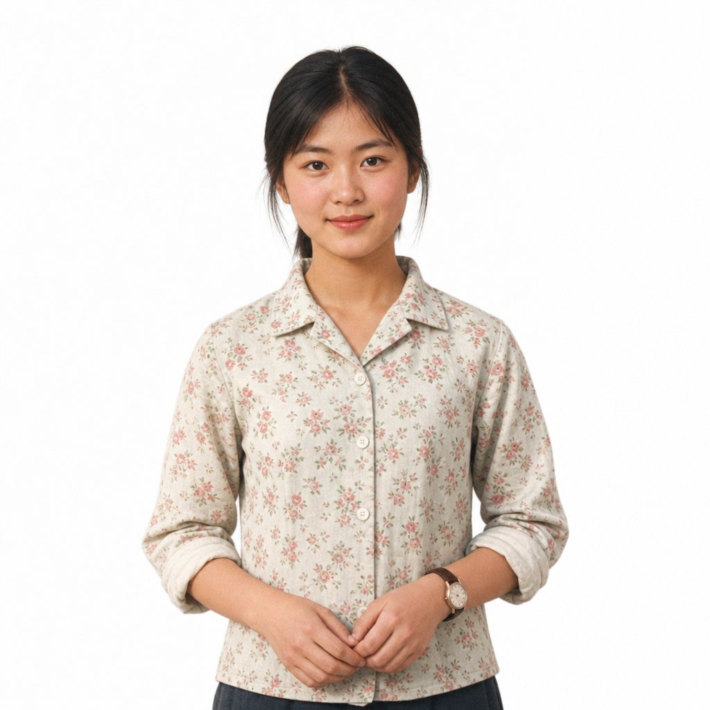 1970年代农村青年女性，身穿碎花布衣，腕戴手表，神情活泼，复古风格