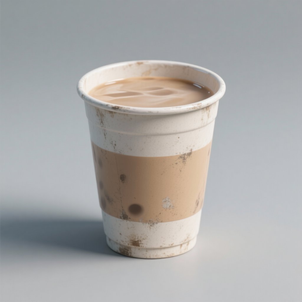 一个空的奶茶杯，杯身有奶茶残留痕迹，简洁风格