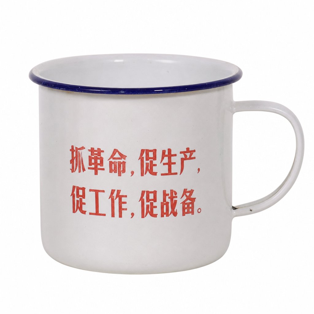1970年代白色搪瓷杯，红色标语印花，复古怀旧风格