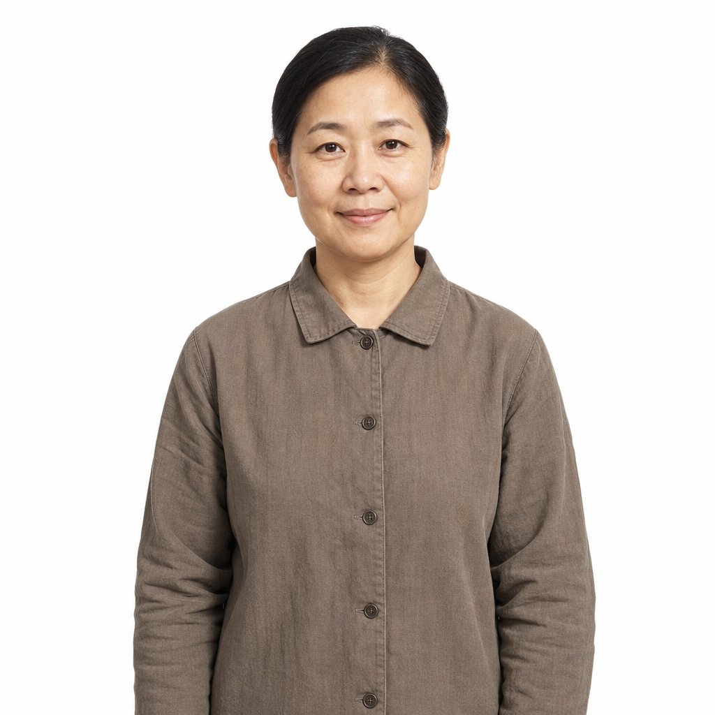 1970年代城市工厂中年女工，身穿朴素棉布衬衫，面容亲切，复古年代风格