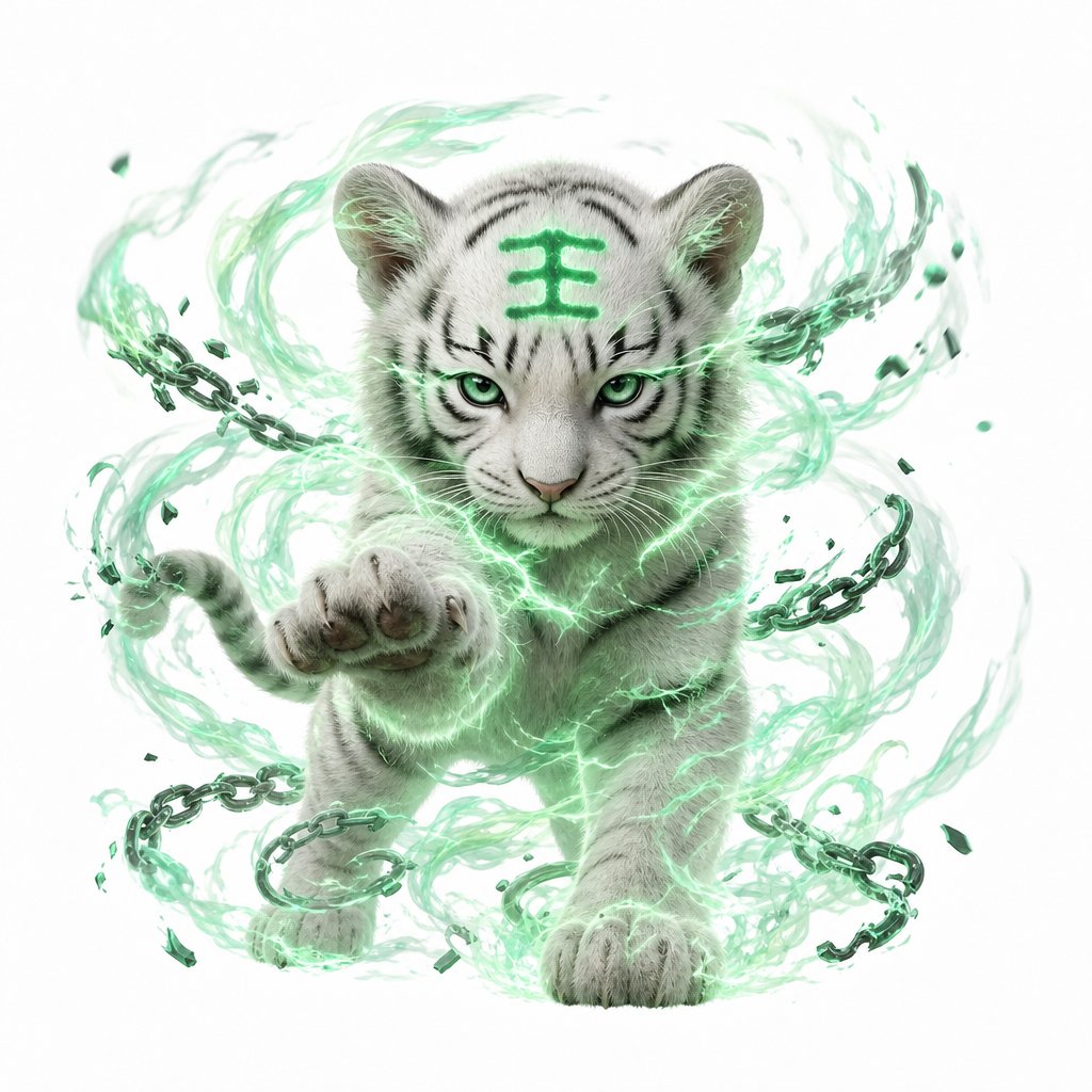 雪白小虎，额头黑色王字纹，环绕绿色灵力光效，古风仙侠风格