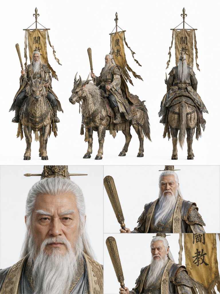 姜子牙骑四不像，持打神金尺，身披道袍，白须飘逸，杏黄旗随风飘扬，写实风格3D角色