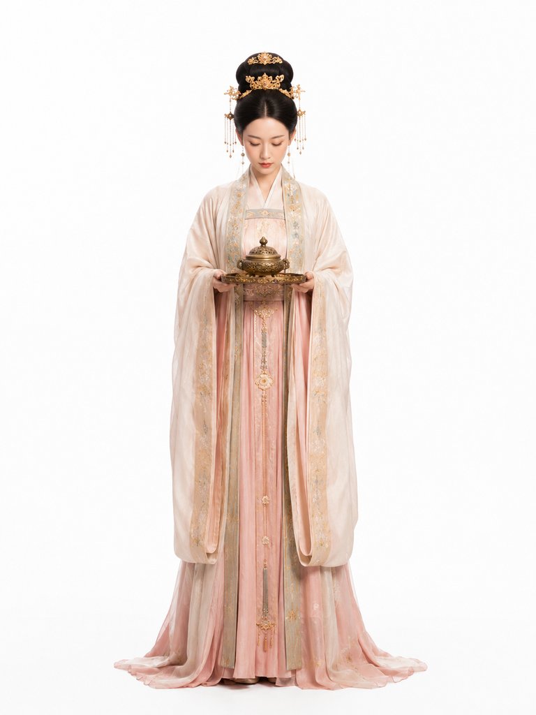 身着粉色宫装的宫娥侍女，手持香炉，低眉垂目，东方古典写实风格