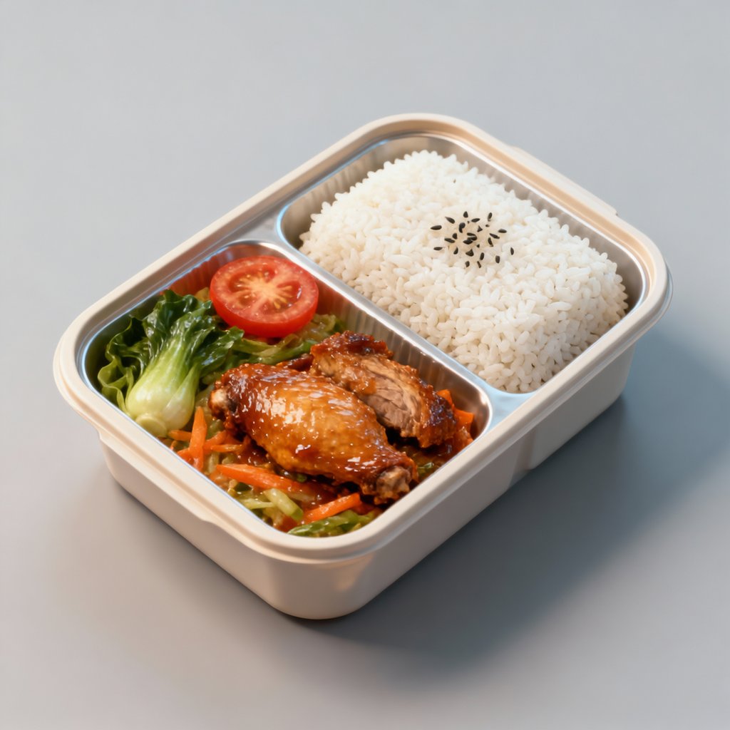 中式便当，包含白米饭、烤鸡腿、蔬菜和番茄，分格餐盒，简洁写实风格